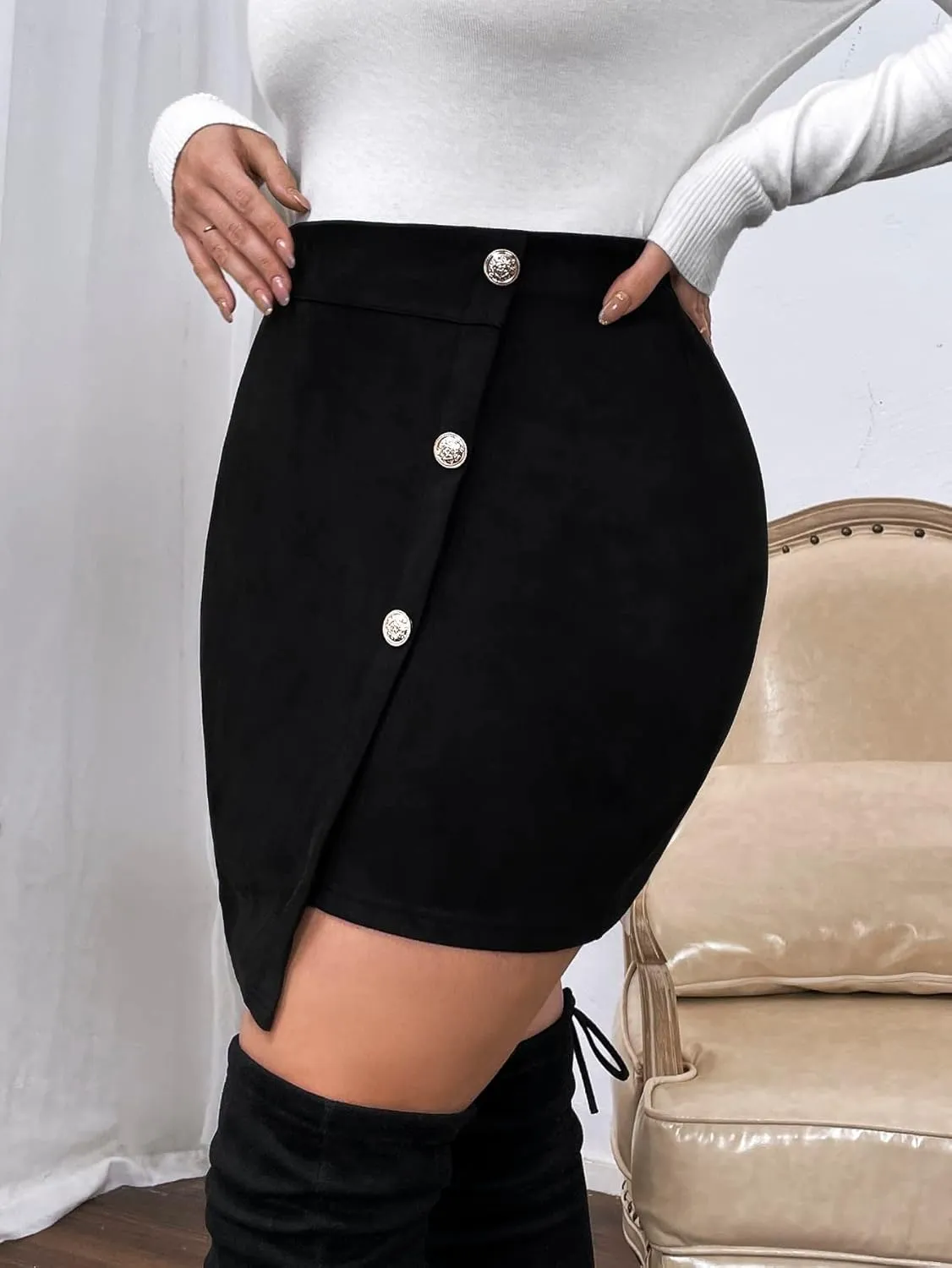 SOLY HUX Women's Plus Size Button Front Wrap Asymmetrical Hem Bodycon Skirt High Waist Mini Skirts