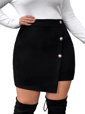 SOLY HUX Women's Plus Size Button Front Wrap Asymmetrical Hem Bodycon Skirt High Waist Mini Skirts