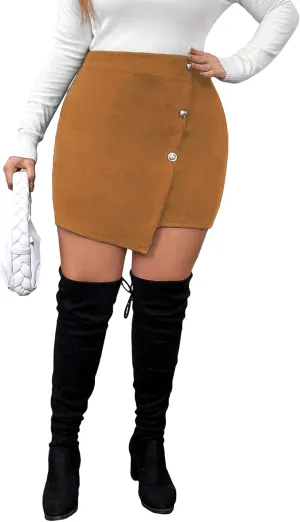 SOLY HUX Women's Plus Size Button Front Wrap Asymmetrical Hem Bodycon Skirt High Waist Mini Skirts