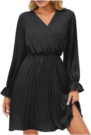 Spring Dresses for Women Long Sleeve Wrap V Neck High Waist Pleated Mini Dress A Line Swing Casual Cocktail Party Dress