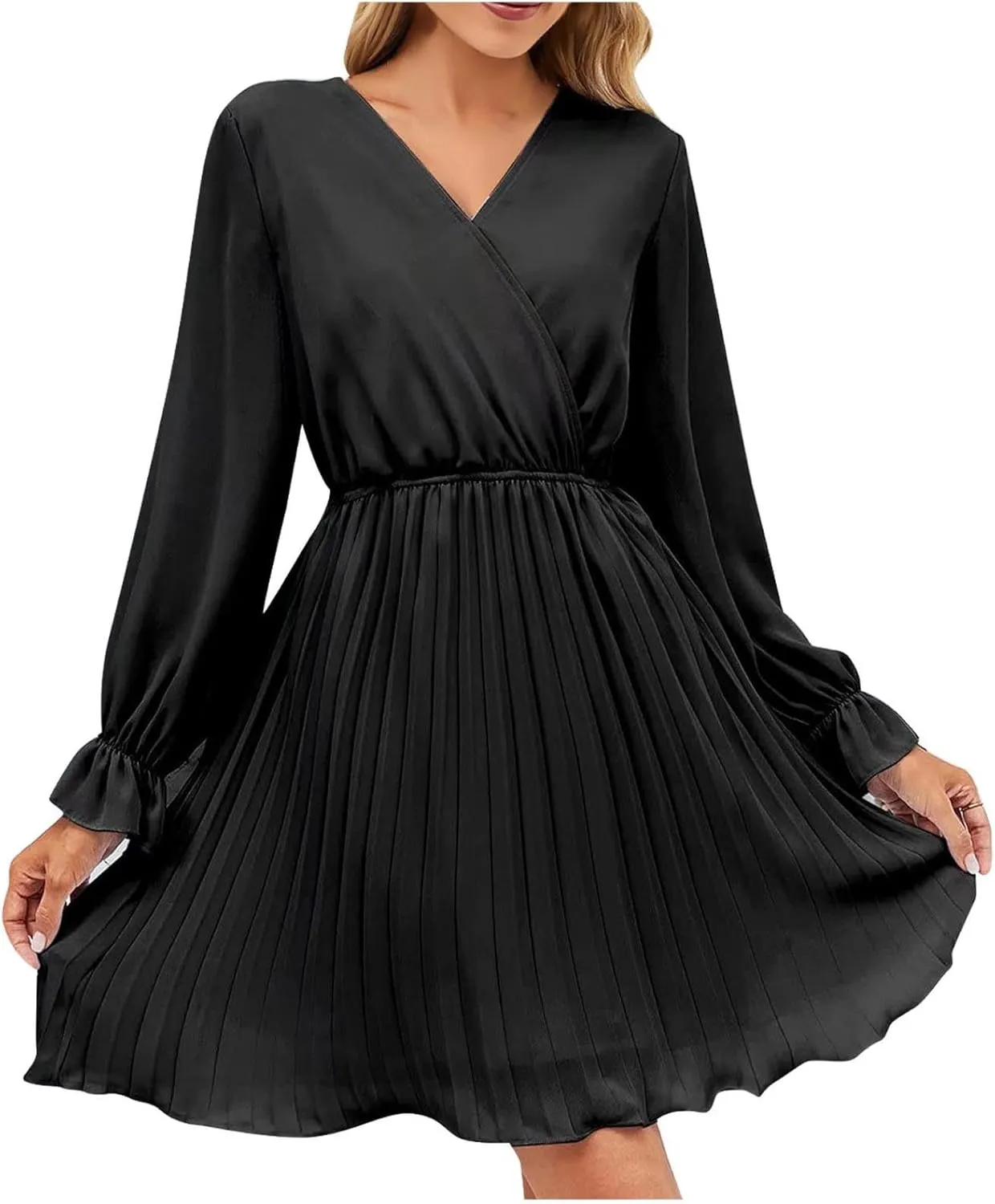 Spring Dresses for Women Long Sleeve Wrap V Neck High Waist Pleated Mini Dress A Line Swing Casual Cocktail Party Dress