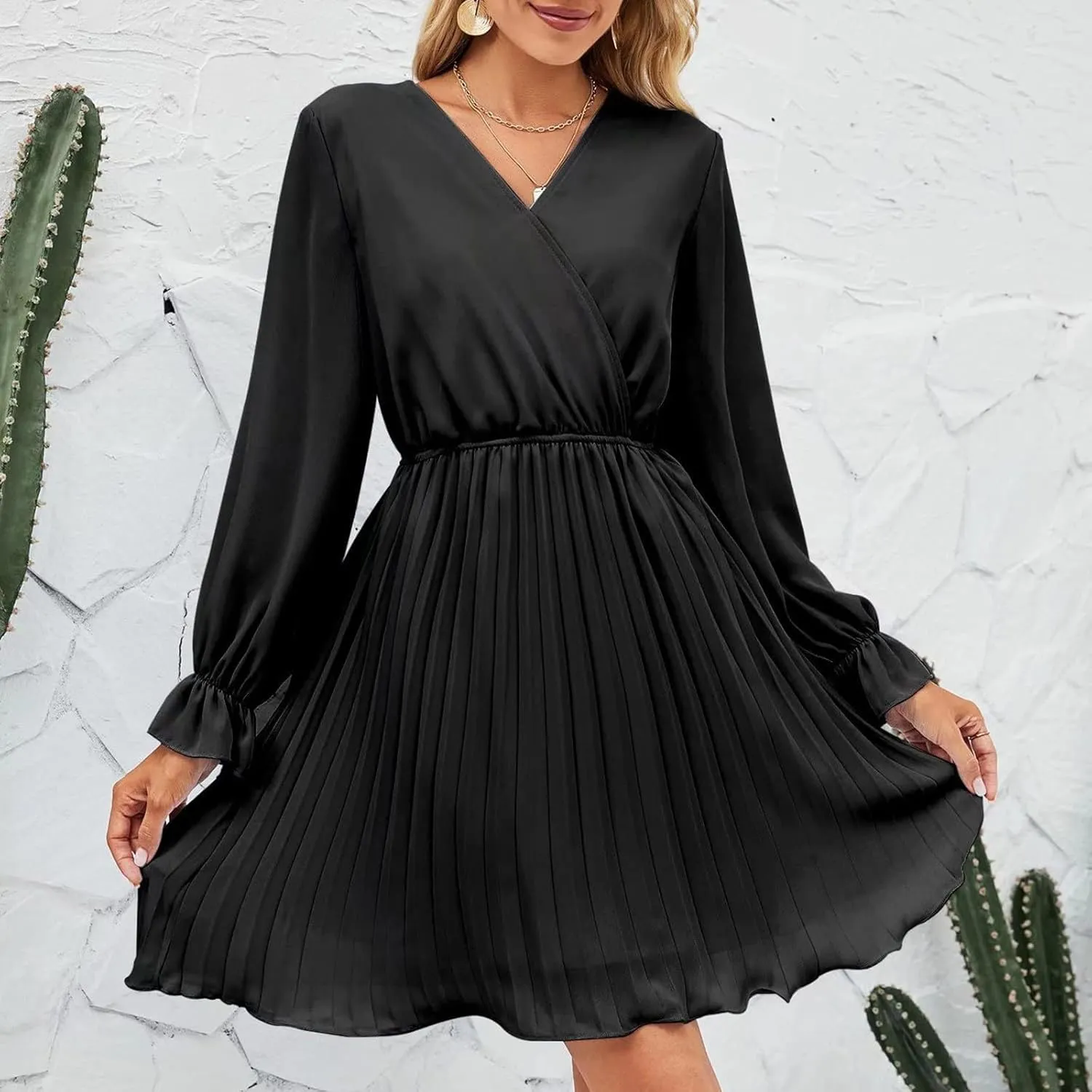 Spring Dresses for Women Long Sleeve Wrap V Neck High Waist Pleated Mini Dress A Line Swing Casual Cocktail Party Dress
