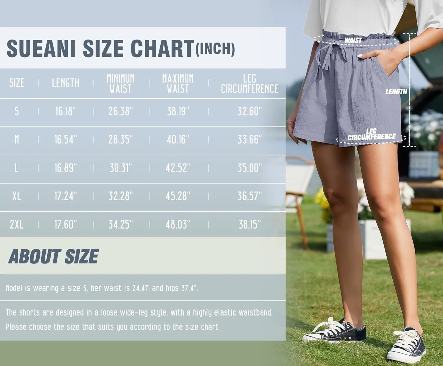 SUEANI Women's Casual Shorts Drawstring Elastic Waist Shorts Summer Beach Shorts with Pockets