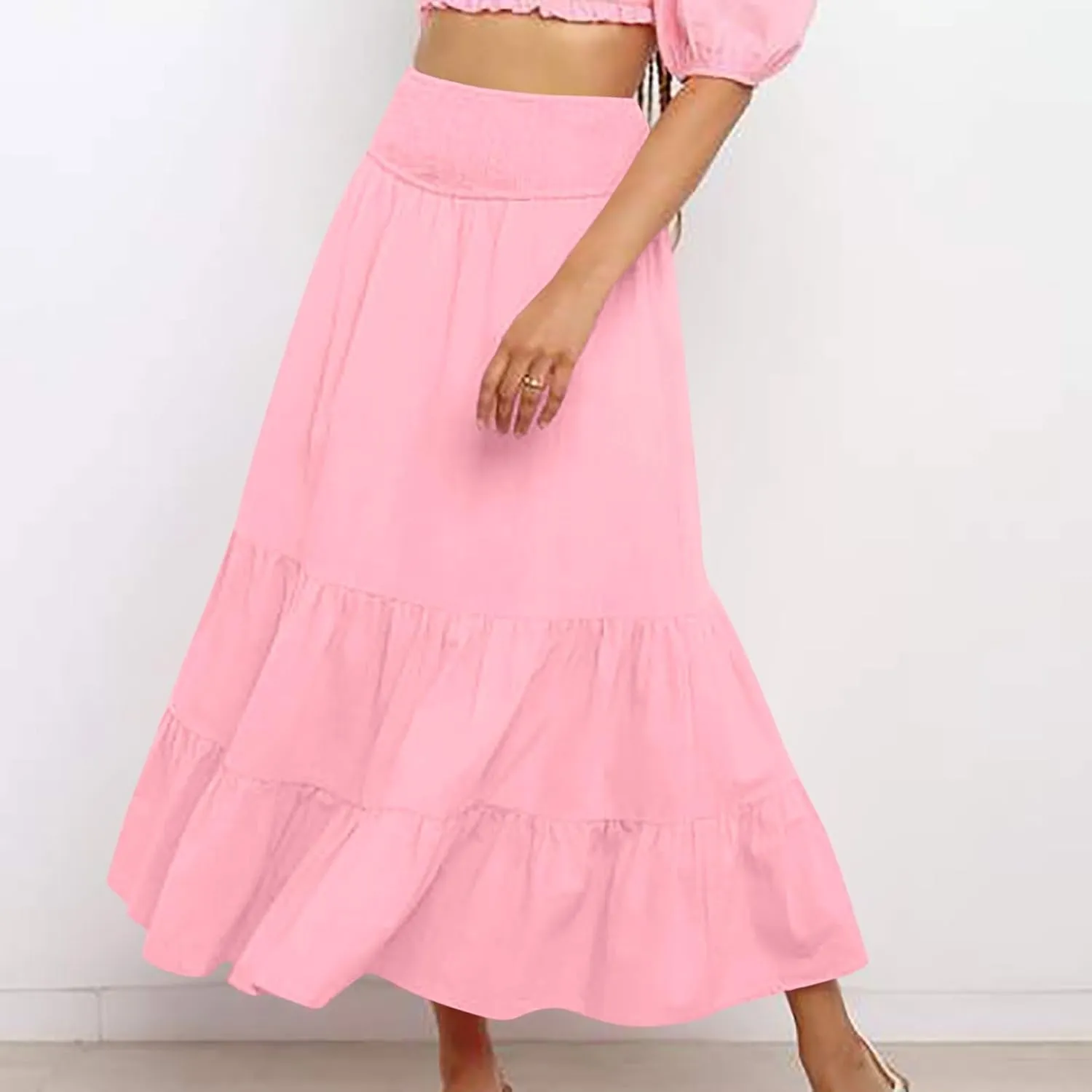 Summer Boho Skirts Women Elastic High Waist Maxi Skirts Flowy A Line Skirt Beach Vacation Skirts Pleated Ruffle Skirt