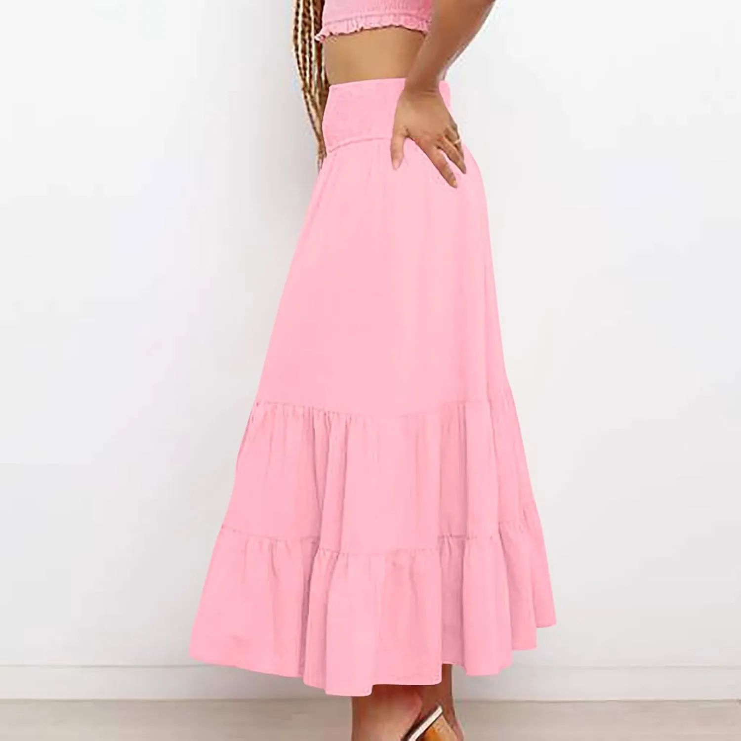 Summer Boho Skirts Women Elastic High Waist Maxi Skirts Flowy A Line Skirt Beach Vacation Skirts Pleated Ruffle Skirt
