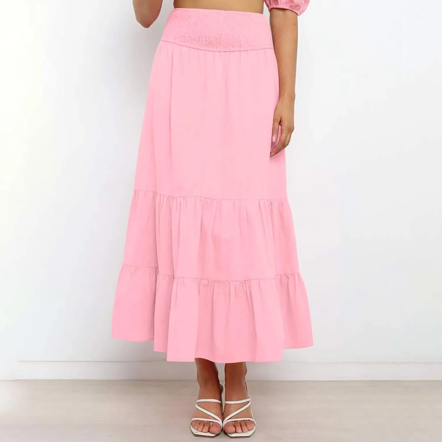 Summer Boho Skirts Women Elastic High Waist Maxi Skirts Flowy A Line Skirt Beach Vacation Skirts Pleated Ruffle Skirt