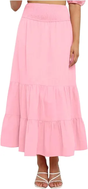 Summer Boho Skirts Women Elastic High Waist Maxi Skirts Flowy A Line Skirt Beach Vacation Skirts Pleated Ruffle Skirt