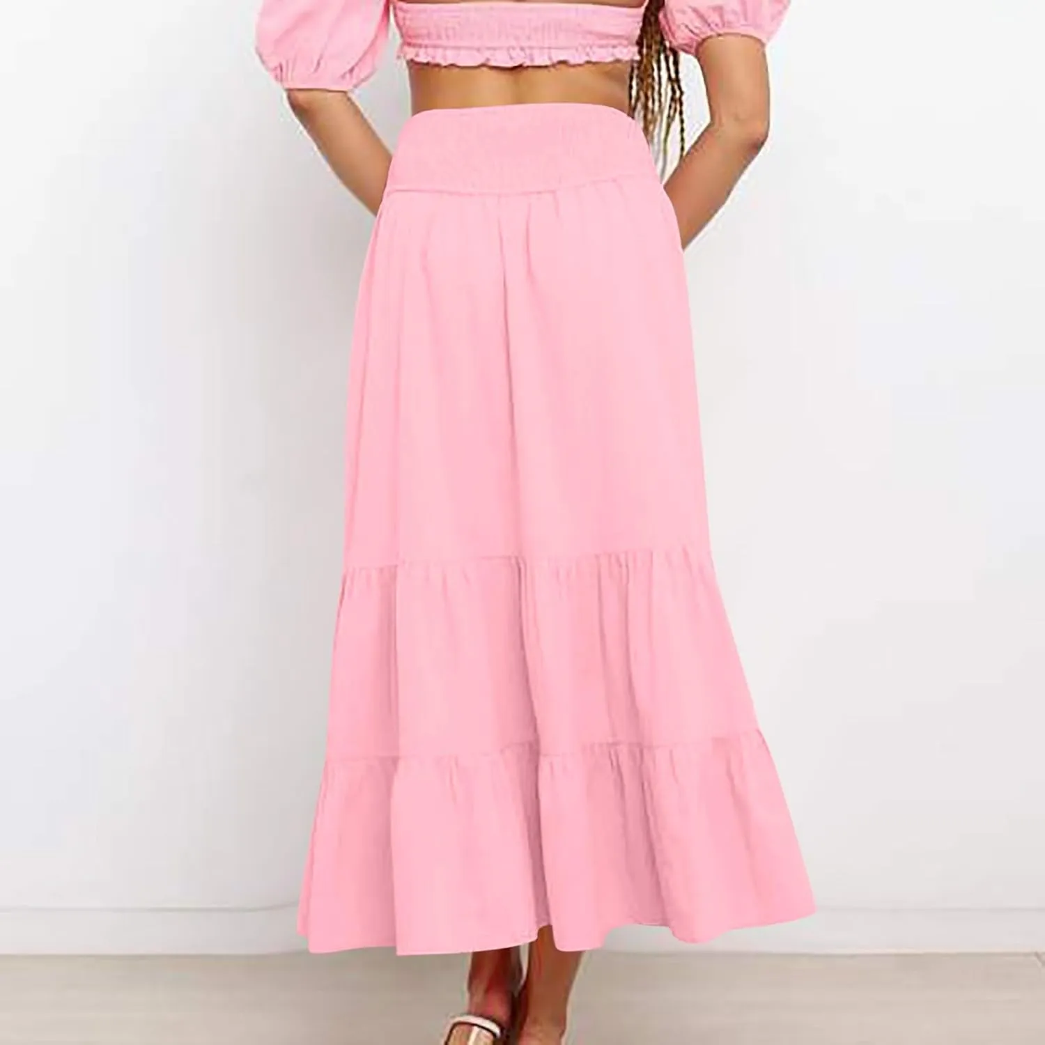 Summer Boho Skirts Women Elastic High Waist Maxi Skirts Flowy A Line Skirt Beach Vacation Skirts Pleated Ruffle Skirt