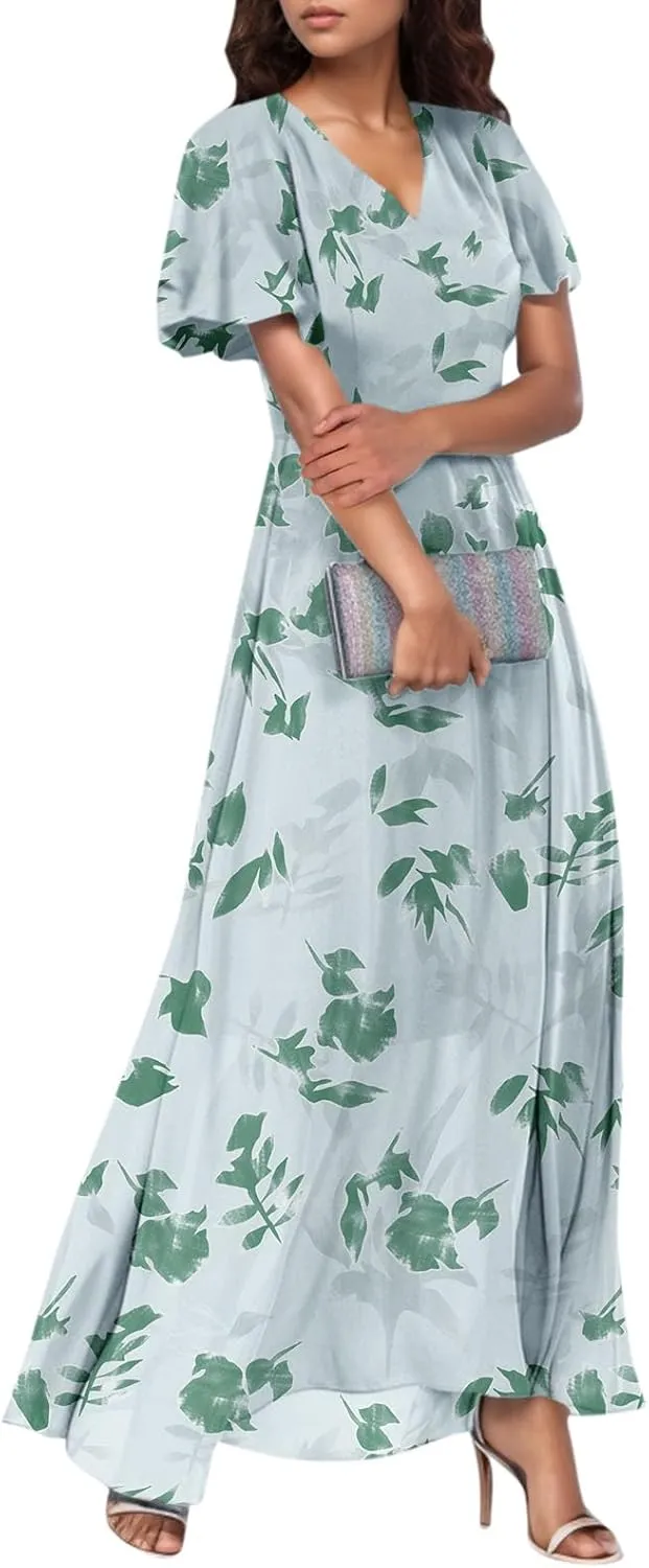 Summer Dress for Women Swing Flowy Ruffle Hem Dresses Short Sleeve Wrap V Neck Chiffon Boho Floral Maxi Dresses