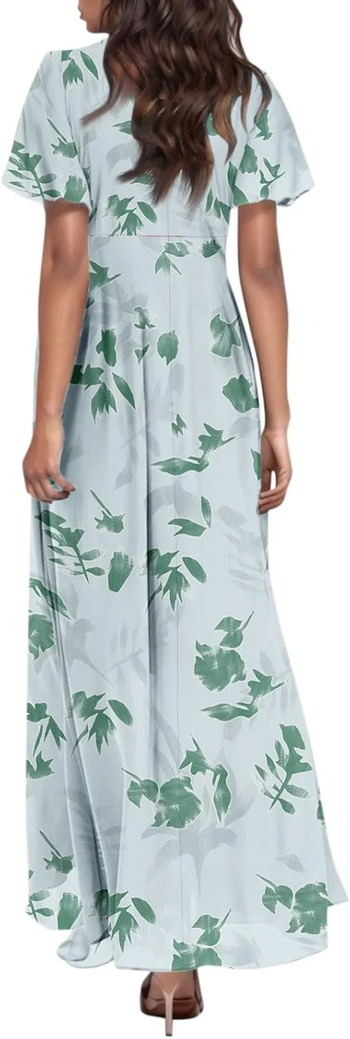 Summer Dress for Women Swing Flowy Ruffle Hem Dresses Short Sleeve Wrap V Neck Chiffon Boho Floral Maxi Dresses