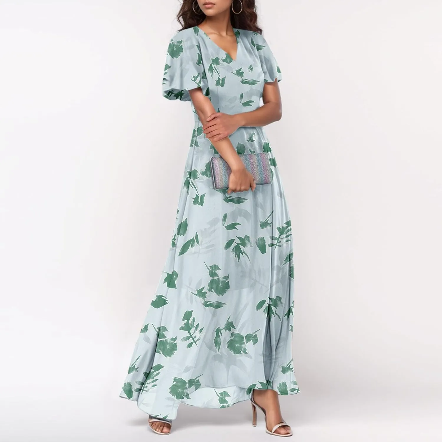 Summer Dress for Women Swing Flowy Ruffle Hem Dresses Short Sleeve Wrap V Neck Chiffon Boho Floral Maxi Dresses