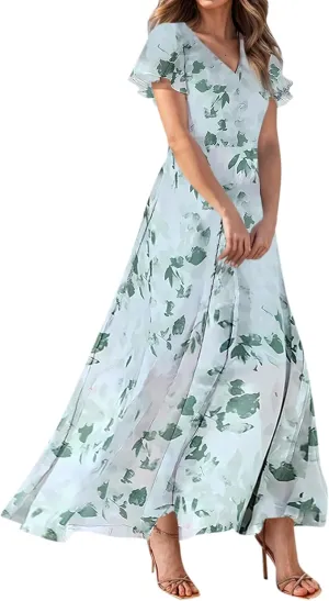 Summer Dress for Women Swing Flowy Ruffle Hem Dresses Short Sleeve Wrap V Neck Chiffon Boho Floral Maxi Dresses