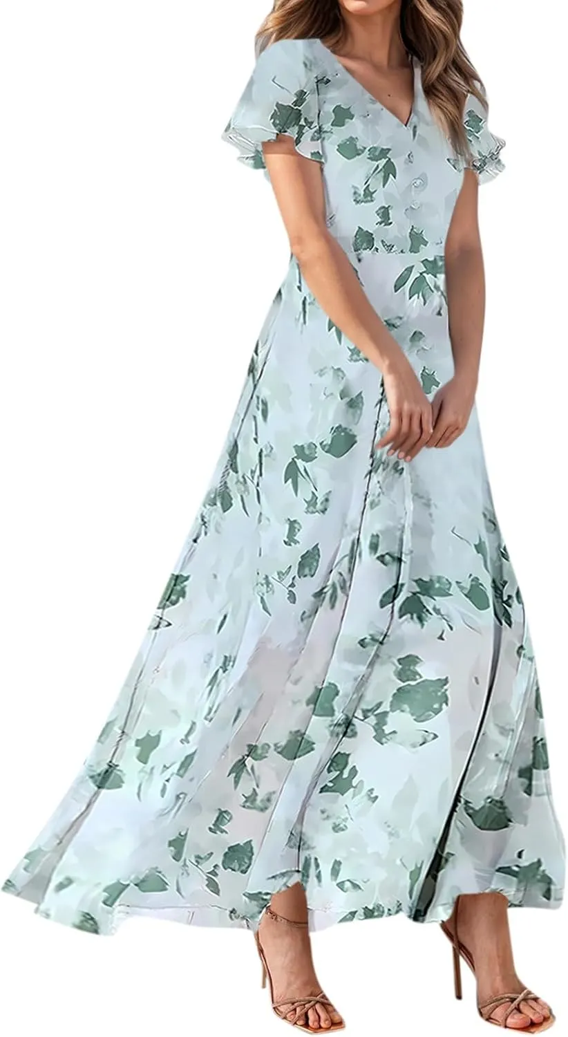 Summer Dress for Women Swing Flowy Ruffle Hem Dresses Short Sleeve Wrap V Neck Chiffon Boho Floral Maxi Dresses