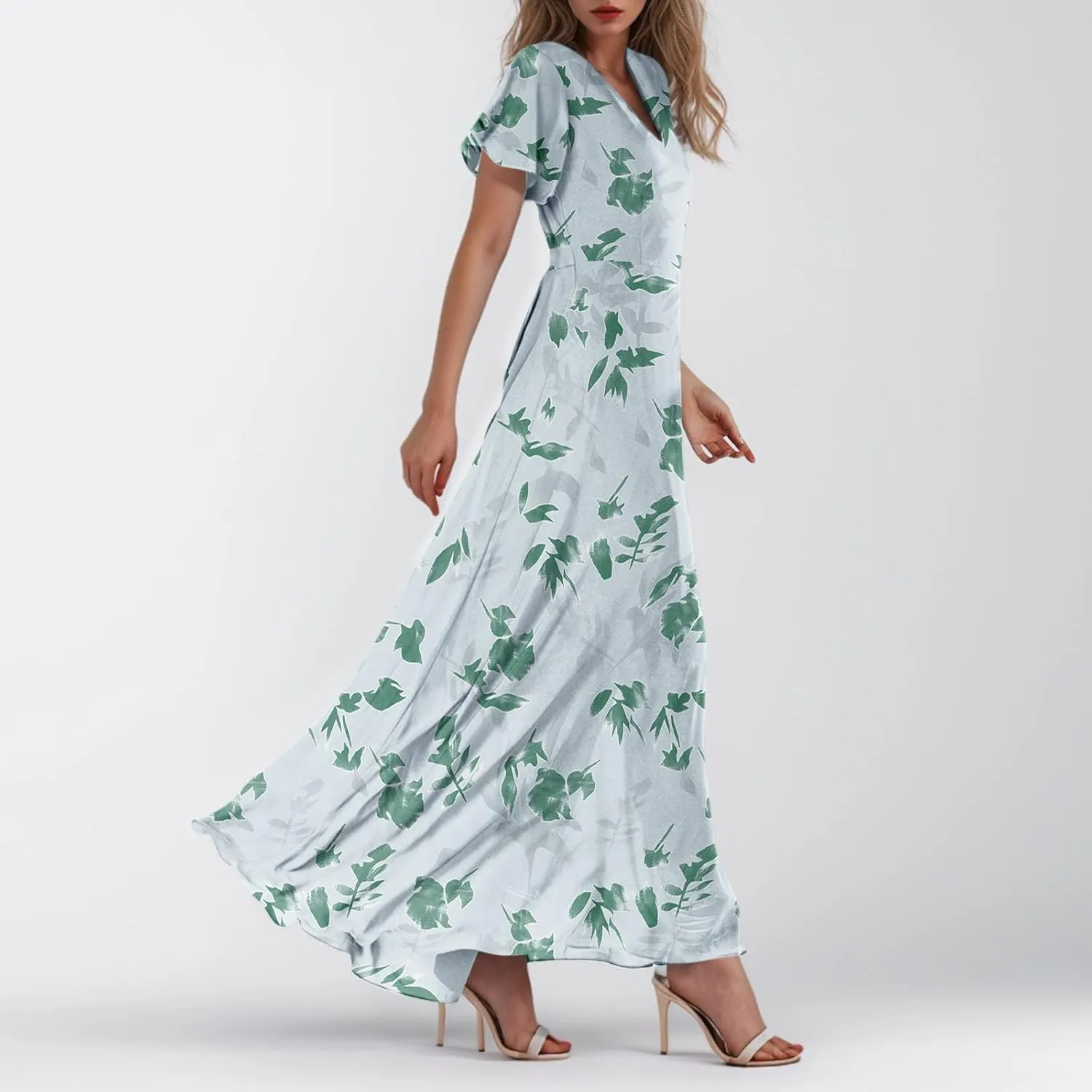 Summer Dress for Women Swing Flowy Ruffle Hem Dresses Short Sleeve Wrap V Neck Chiffon Boho Floral Maxi Dresses