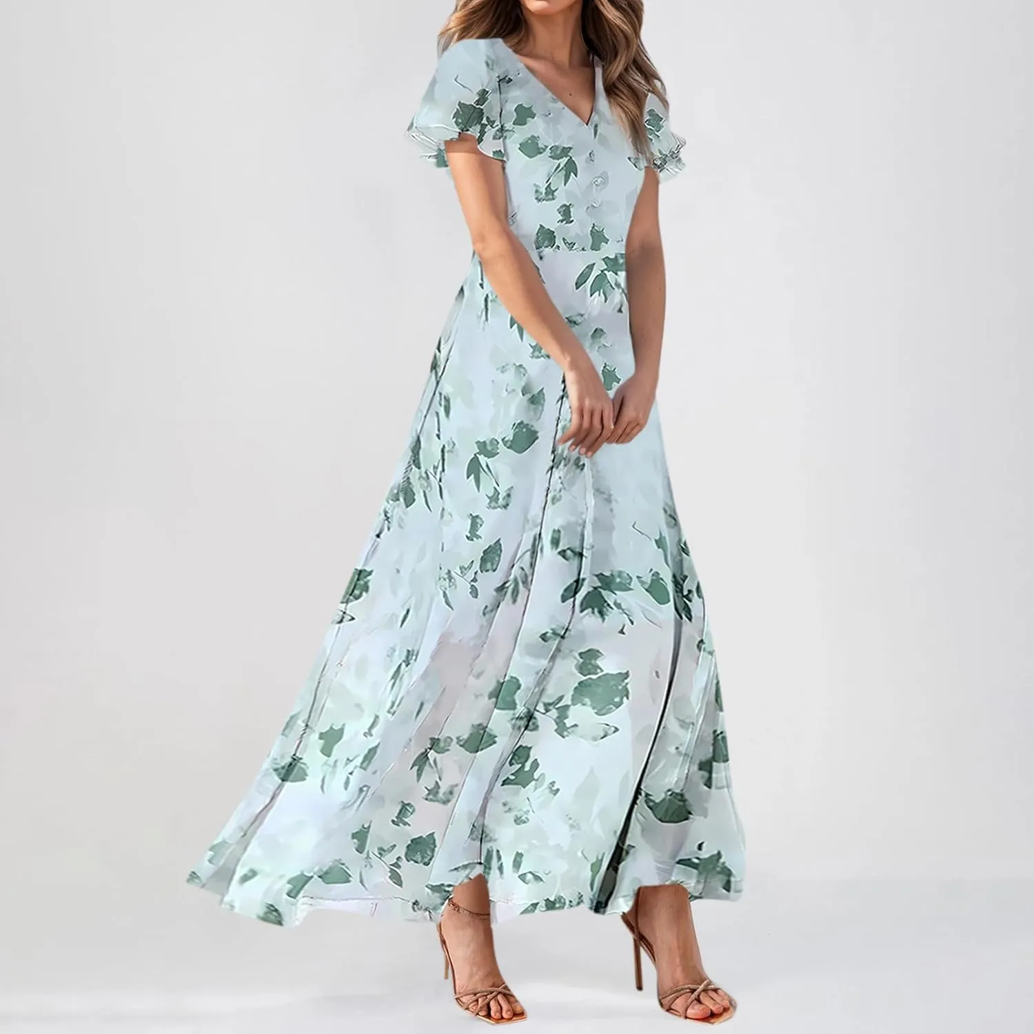 Summer Dress for Women Swing Flowy Ruffle Hem Dresses Short Sleeve Wrap V Neck Chiffon Boho Floral Maxi Dresses