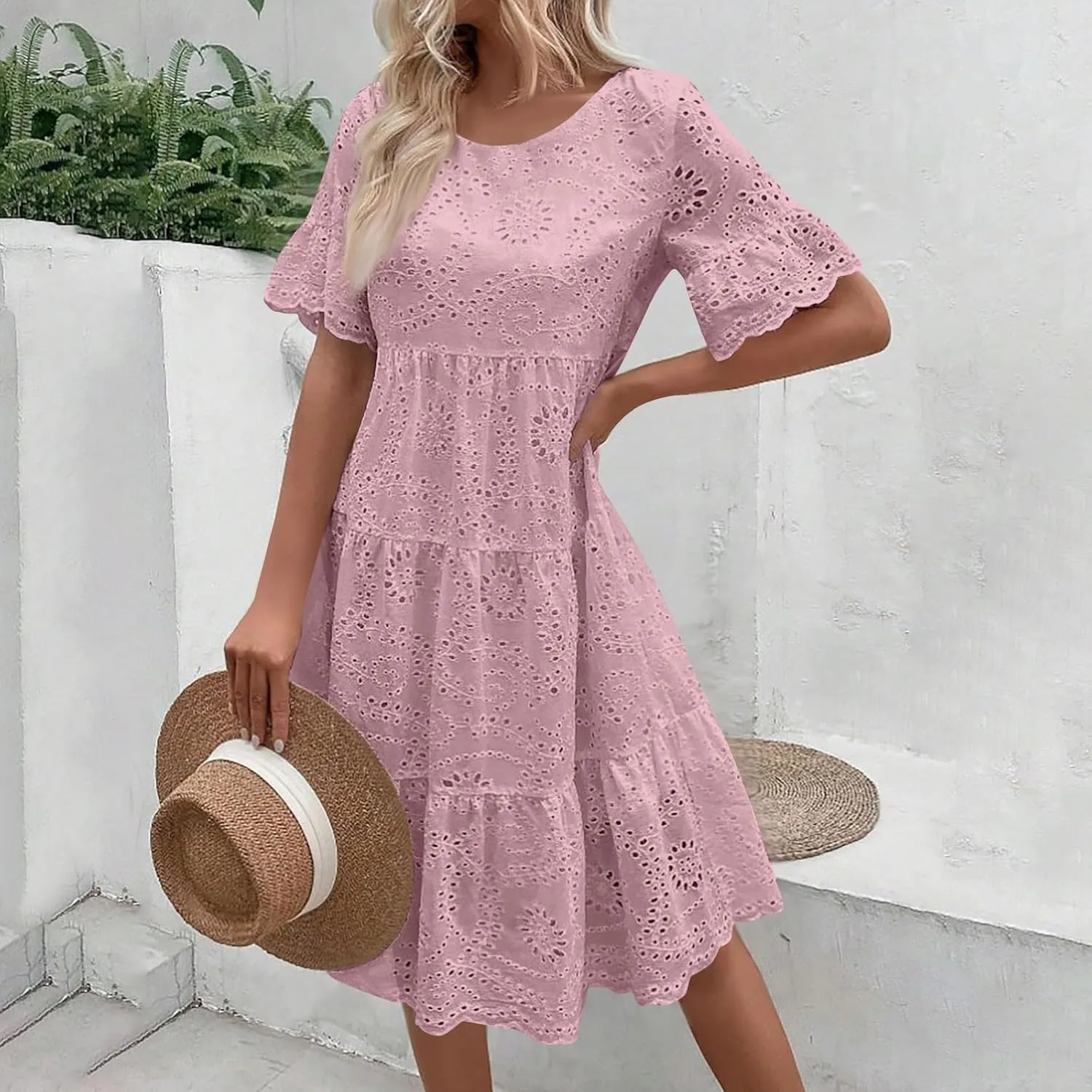 Summer Dresses for Women 2024 Round Neck Short Sleeve Skirt Embroidered Lace Hollow Out Dress Casual Clothes