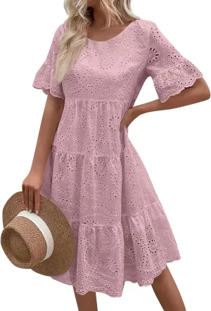 Summer Dresses for Women 2024 Round Neck Short Sleeve Skirt Embroidered Lace Hollow Out Dress Casual Clothes