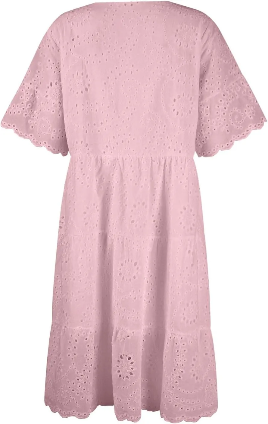 Summer Dresses for Women 2024 Round Neck Short Sleeve Skirt Embroidered Lace Hollow Out Dress Casual Clothes