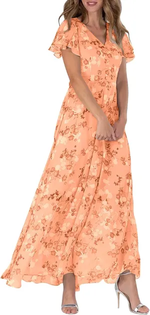 Summer Dresses for Women 2024 V Neck Ruffled Sleeve Flowy Fashion Boho Elegant Cocktail Elegant Maxi Dress S-2XL