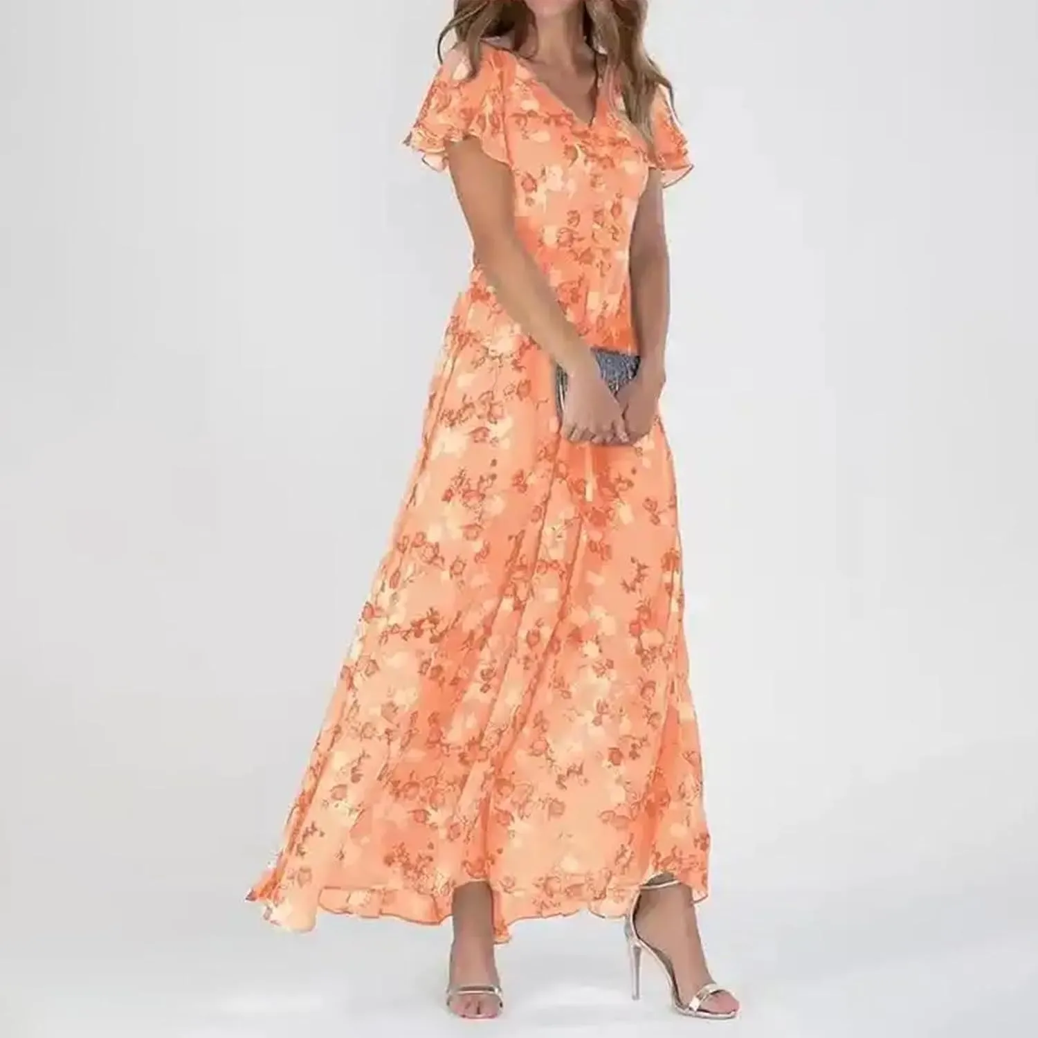 Summer Dresses for Women 2024 V Neck Ruffled Sleeve Flowy Fashion Boho Elegant Cocktail Elegant Maxi Dress S-2XL