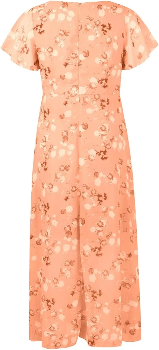 Summer Dresses for Women 2024 V Neck Ruffled Sleeve Flowy Fashion Boho Elegant Cocktail Elegant Maxi Dress S-2XL