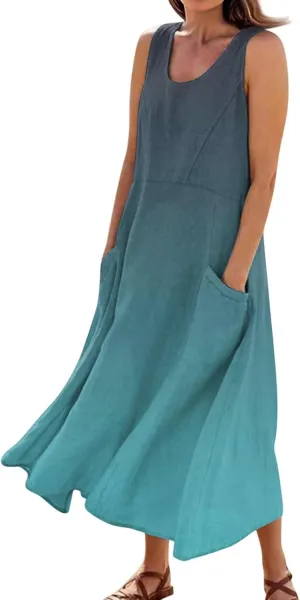 Summer Dresses for Women 2025 Casual Loose Boho Maxi Dress Vacation Beach Sleeveless Sundresses with Pockets