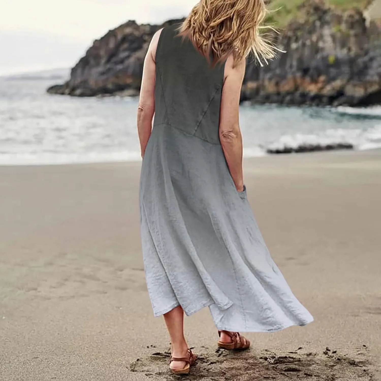 Summer Dresses for Women 2025 Casual Loose Boho Maxi Dress Vacation Beach Sleeveless Sundresses with Pockets