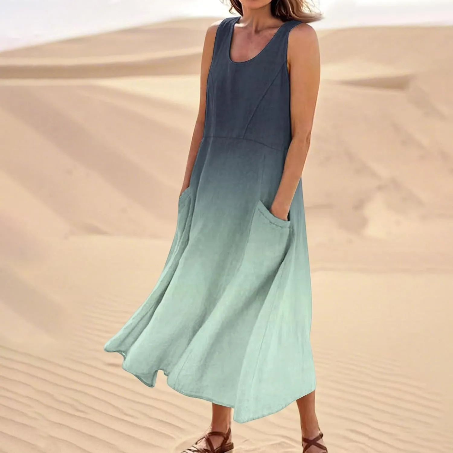 Summer Dresses for Women 2025 Casual Loose Boho Maxi Dress Vacation Beach Sleeveless Sundresses with Pockets