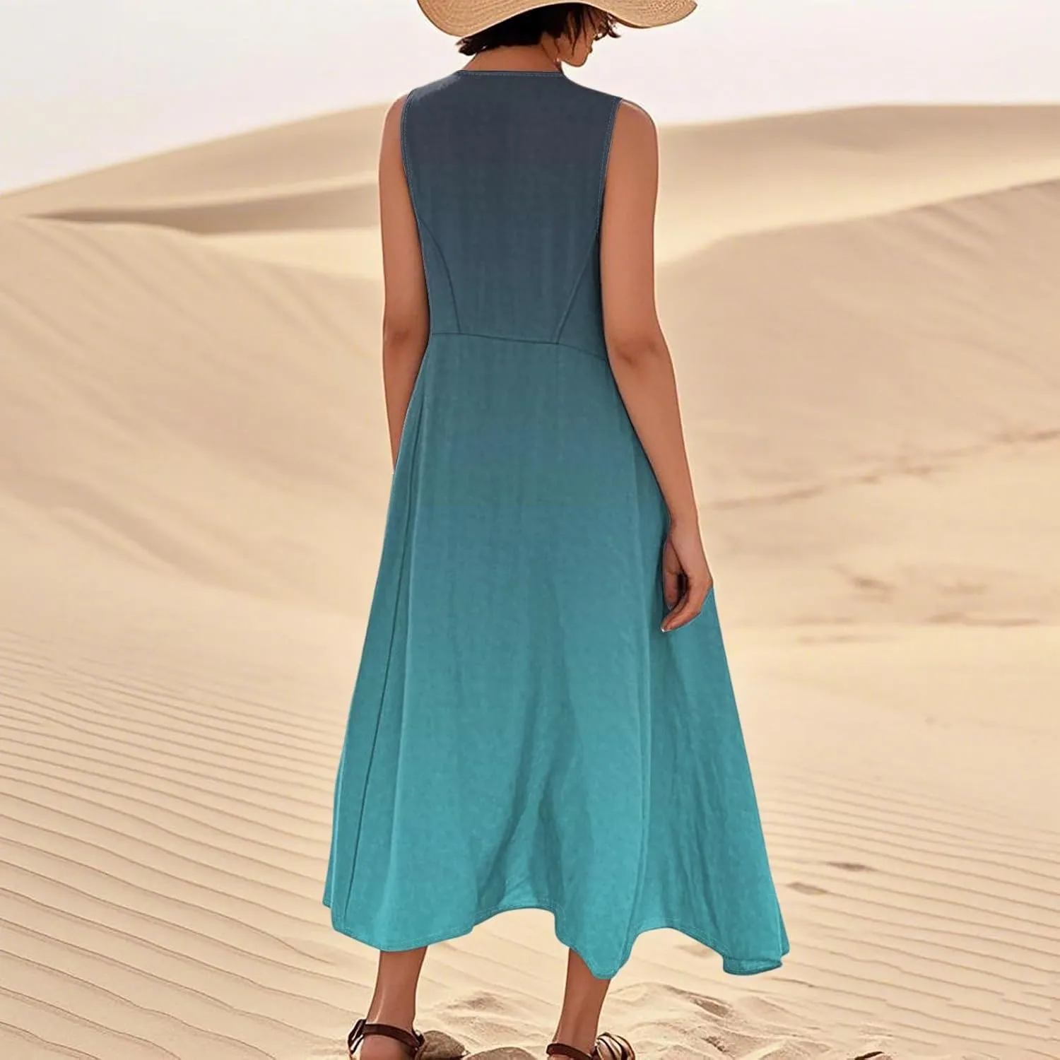 Summer Dresses for Women 2025 Casual Loose Boho Maxi Dress Vacation Beach Sleeveless Sundresses with Pockets