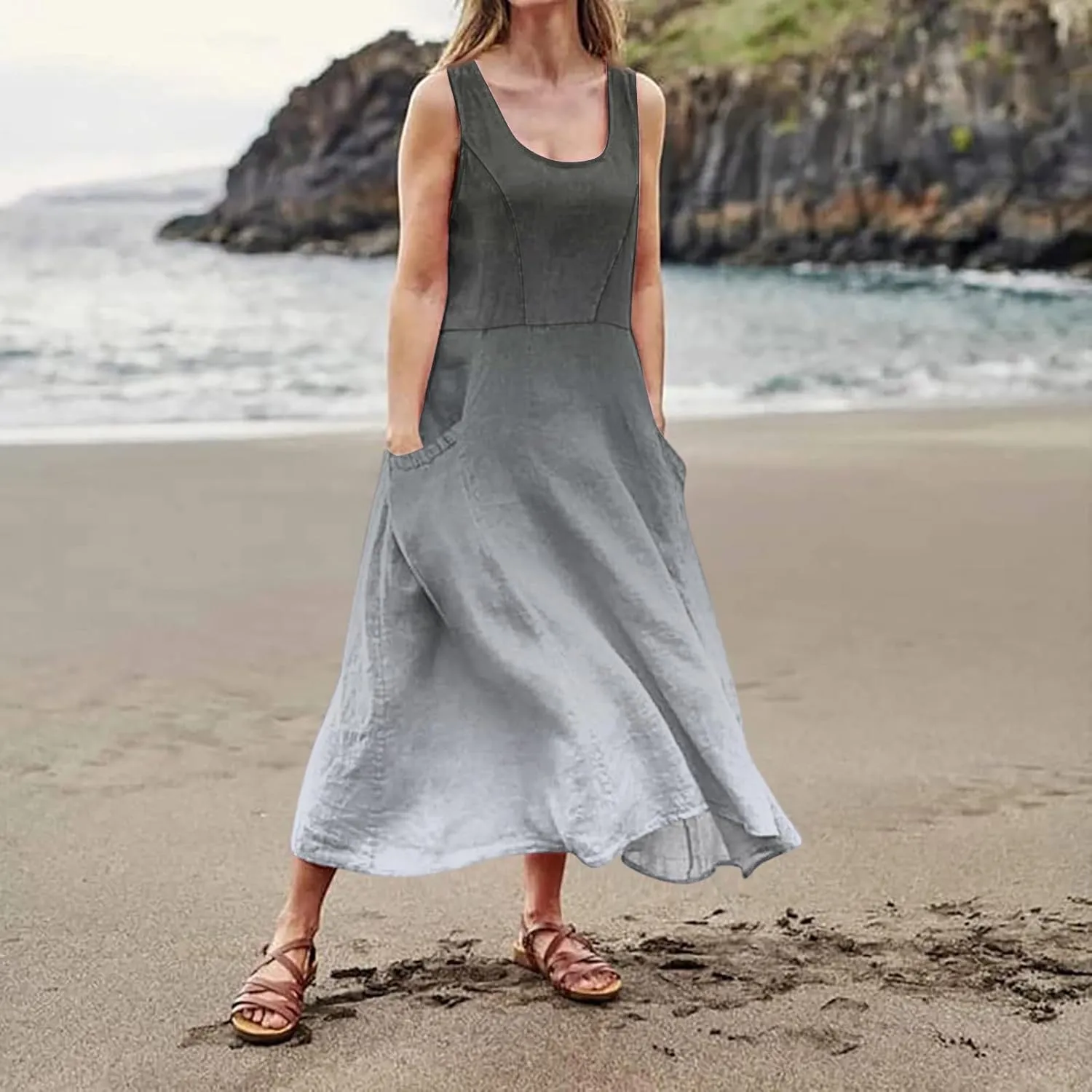 Summer Dresses for Women 2025 Casual Loose Boho Maxi Dress Vacation Beach Sleeveless Sundresses with Pockets