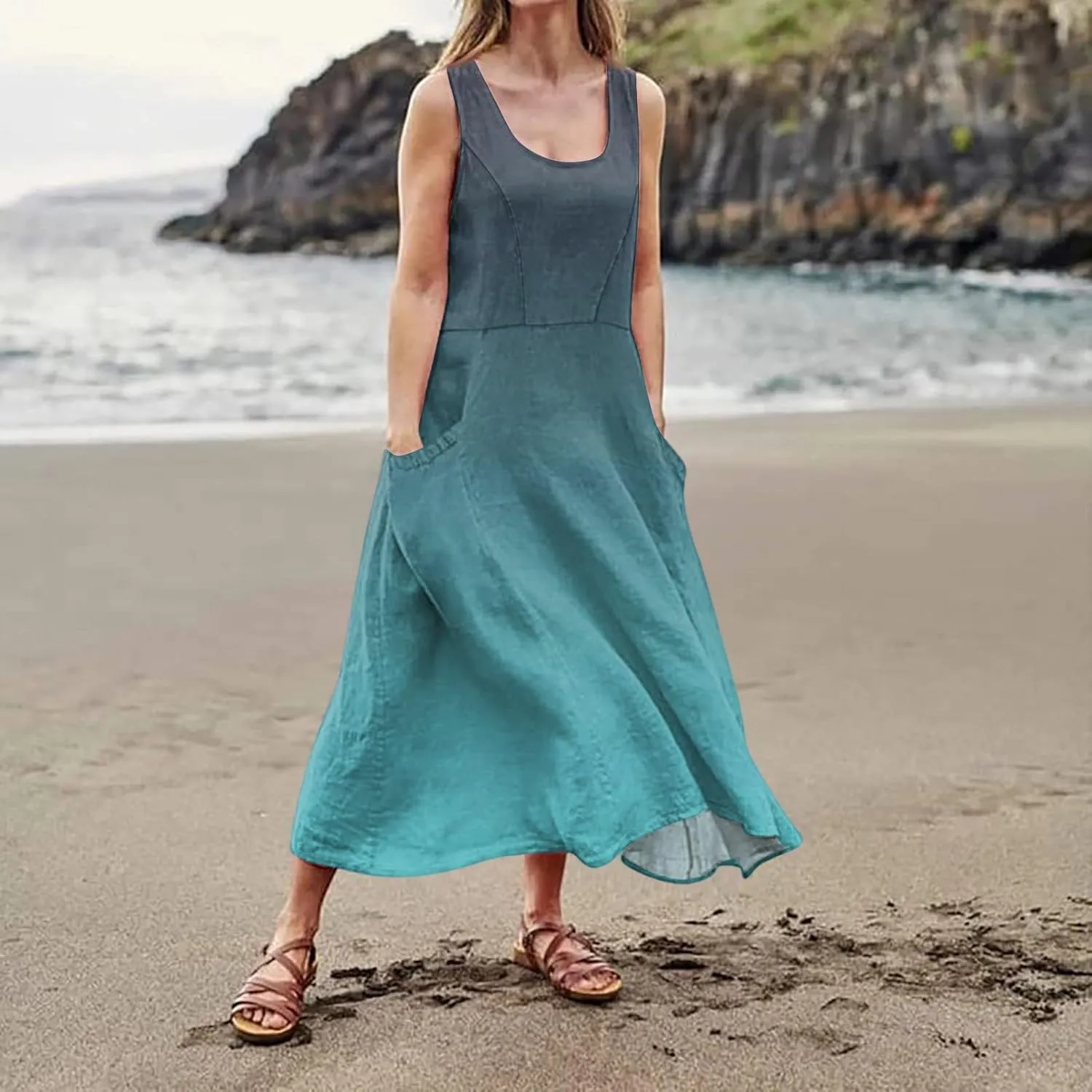 Summer Dresses for Women 2025 Casual Loose Boho Maxi Dress Vacation Beach Sleeveless Sundresses with Pockets