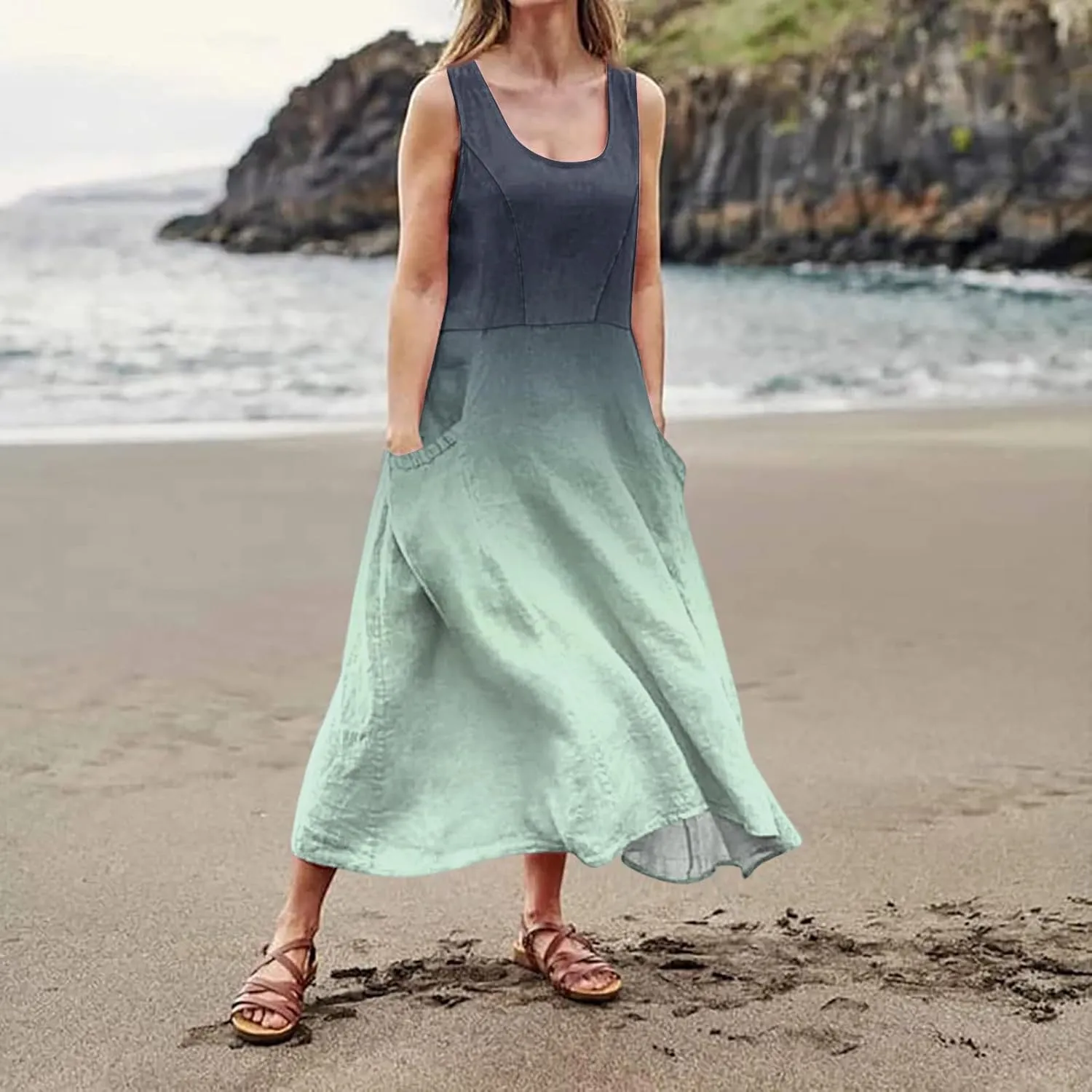 Summer Dresses for Women 2025 Casual Loose Boho Maxi Dress Vacation Beach Sleeveless Sundresses with Pockets