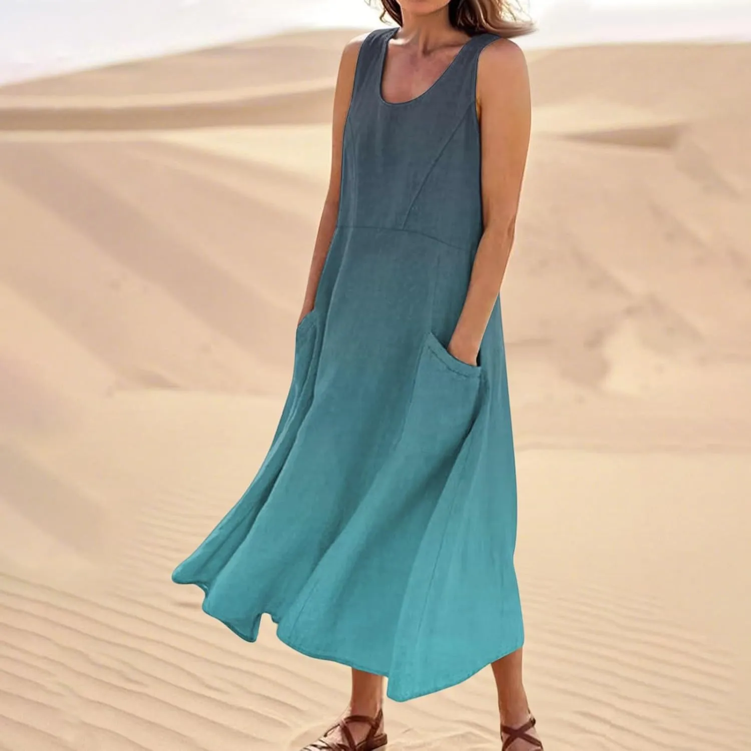 Summer Dresses for Women 2025 Casual Loose Boho Maxi Dress Vacation Beach Sleeveless Sundresses with Pockets