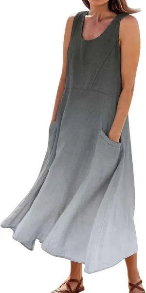 Summer Dresses for Women 2025 Casual Loose Boho Maxi Dress Vacation Beach Sleeveless Sundresses with Pockets