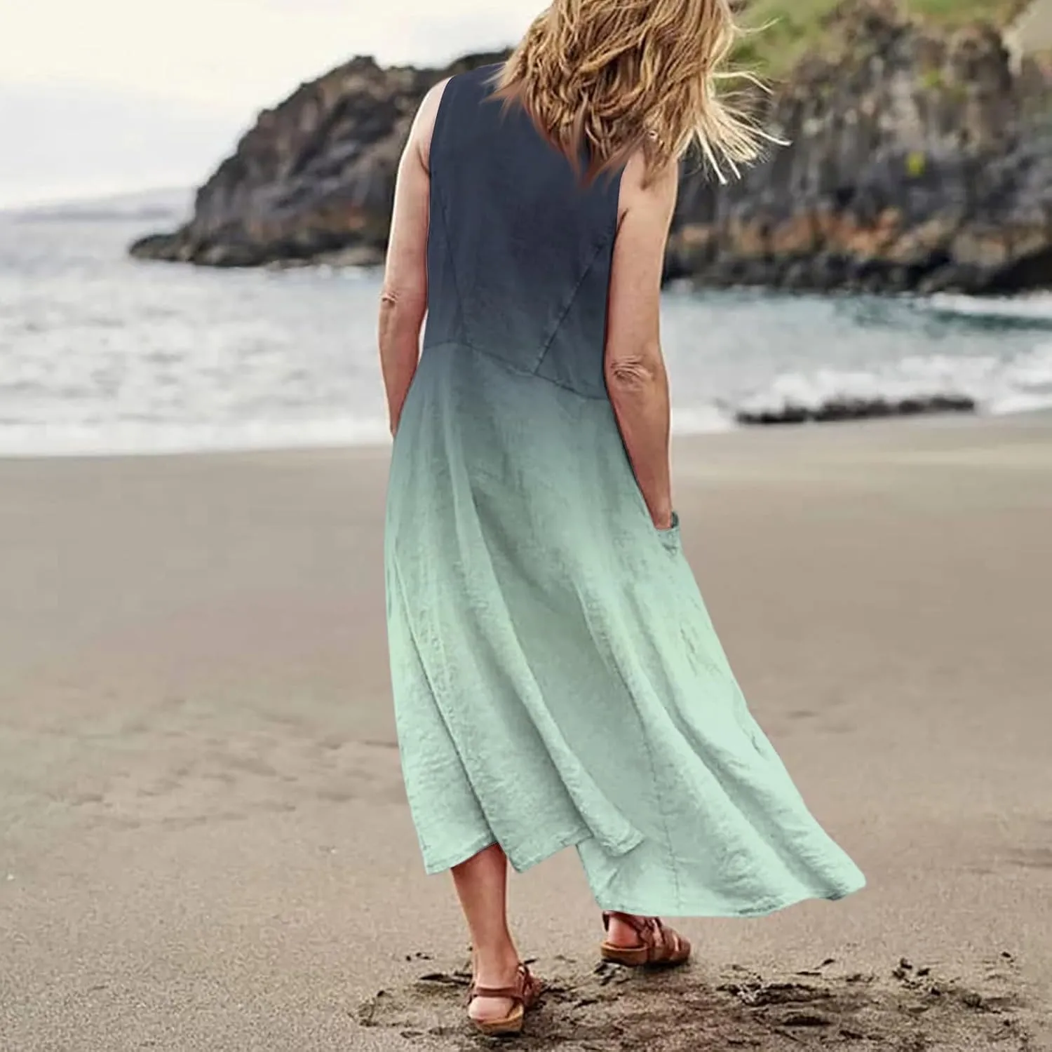 Summer Dresses for Women 2025 Casual Loose Boho Maxi Dress Vacation Beach Sleeveless Sundresses with Pockets
