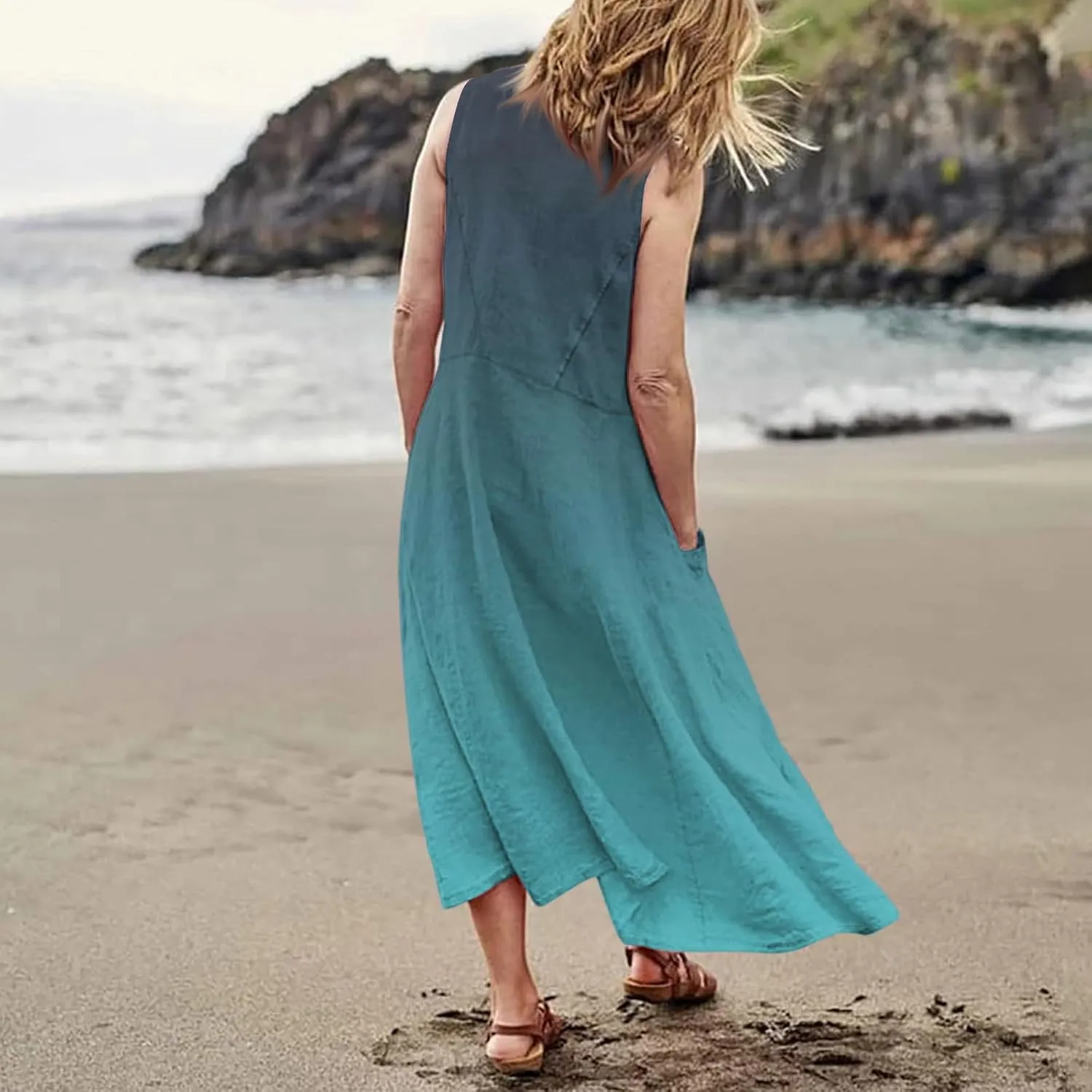 Summer Dresses for Women 2025 Casual Loose Boho Maxi Dress Vacation Beach Sleeveless Sundresses with Pockets