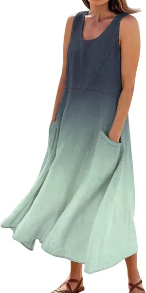 Summer Dresses for Women 2025 Casual Loose Boho Maxi Dress Vacation Beach Sleeveless Sundresses with Pockets