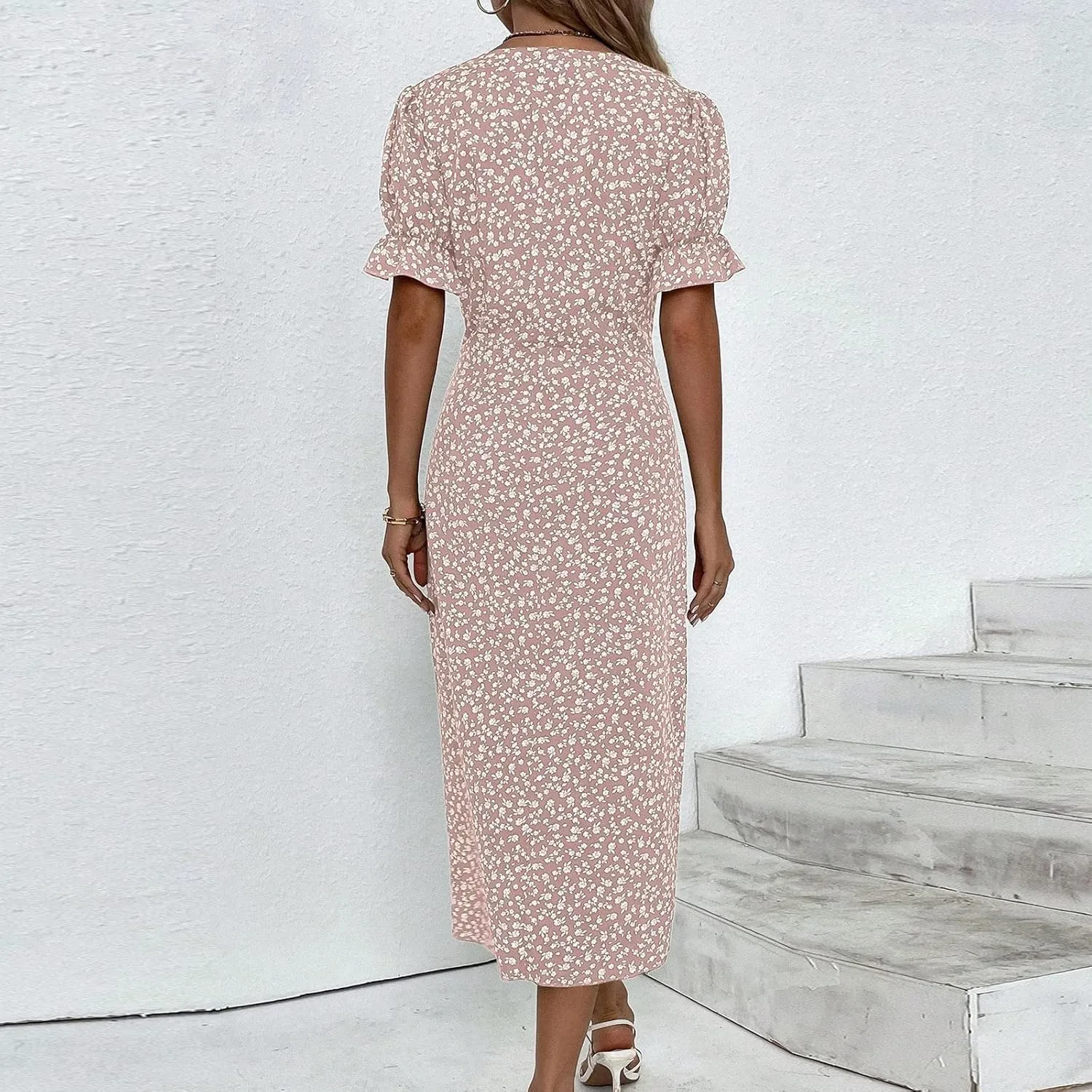 Summer Dresses for Women 2025 Fashion Floral Print V Neck 3/4 Sleeve Dress High Waist Boho Dresses Wrap Maxi Dress