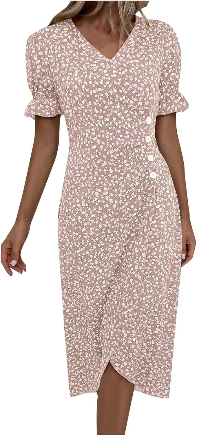 Summer Dresses for Women 2025 Fashion Floral Print V Neck 3/4 Sleeve Dress High Waist Boho Dresses Wrap Maxi Dress