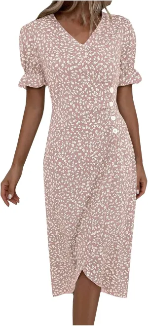 Summer Dresses for Women 2025 Fashion Floral Print V Neck 3/4 Sleeve Dress High Waist Boho Dresses Wrap Maxi Dress