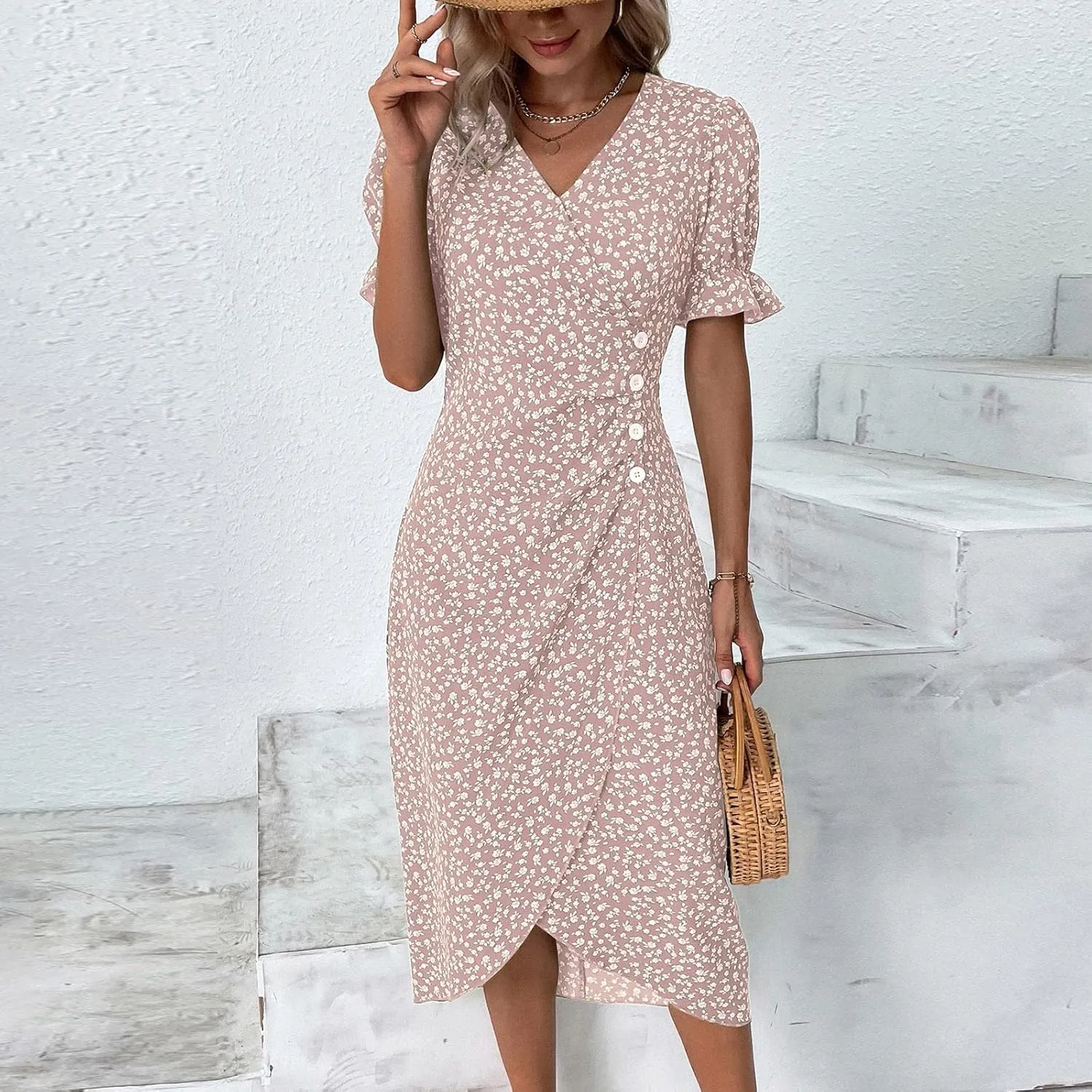 Summer Dresses for Women 2025 Fashion Floral Print V Neck 3/4 Sleeve Dress High Waist Boho Dresses Wrap Maxi Dress