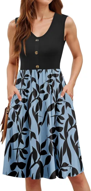 Summer Dresses for Women 2025 Loose Fit Beach Vacation Dress Printed V Neck Tank Dress Casual Sundress with Pockets