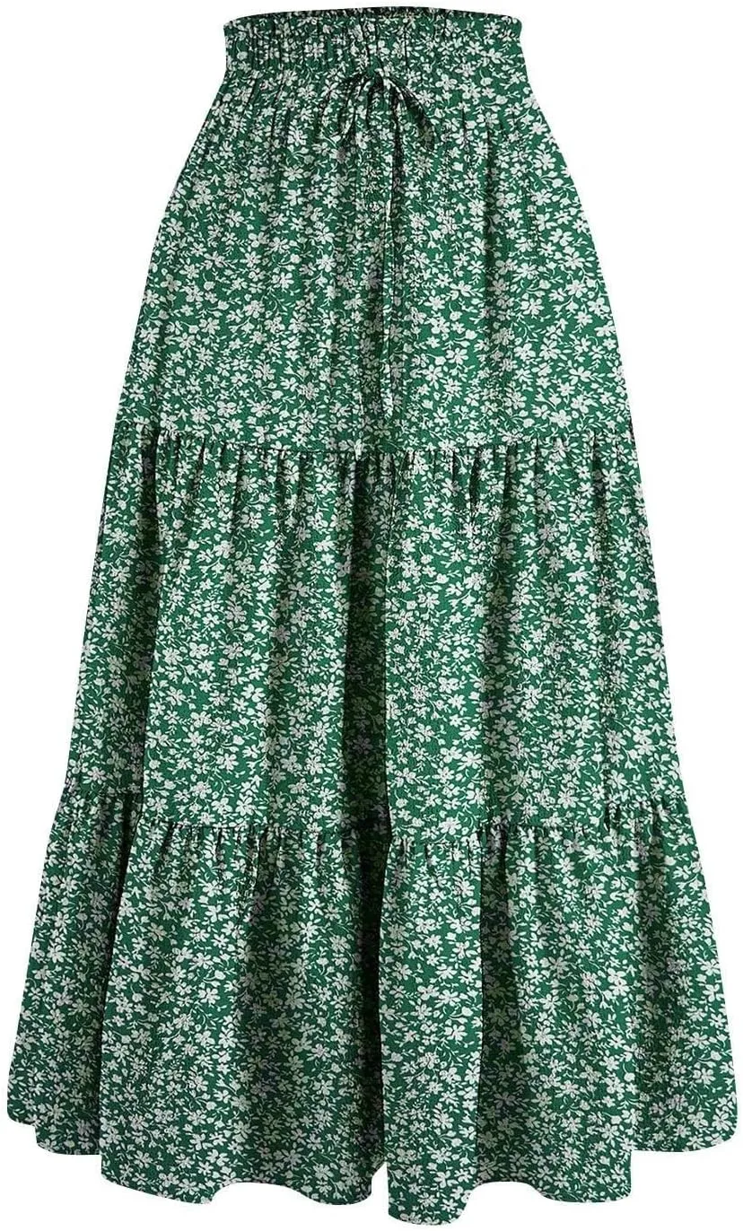 Summer Dresses for Women 2025 Vacation Boho Floral Tiered Maxi Skirt Dressy A Line Drawstring Flowy Ruffle Dresses