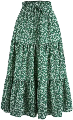 Summer Dresses for Women 2025 Vacation Boho Floral Tiered Maxi Skirt Dressy A Line Drawstring Flowy Ruffle Dresses