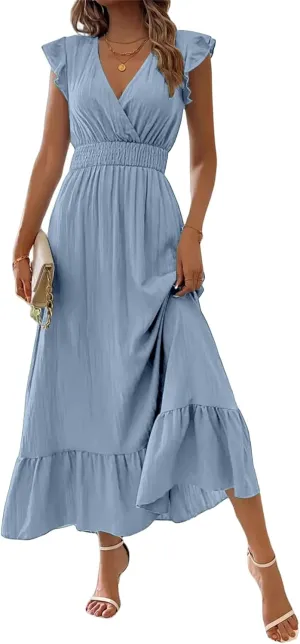 Summer Dresses for Women Casual Short Ruffle Sleeve Flowy Maxi Dress Sexy Wrap V Neck A-Line Long Dresses High Waist