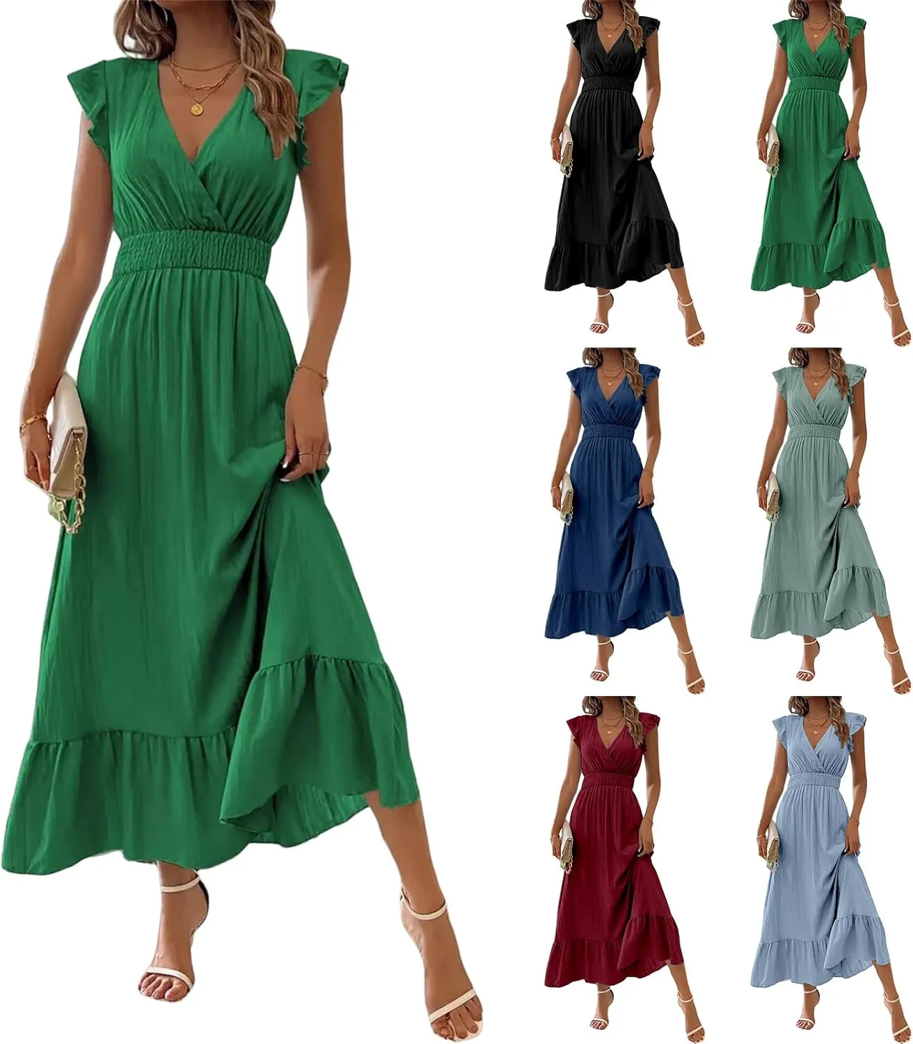 Summer Dresses for Women Casual Short Ruffle Sleeve Flowy Maxi Dress Sexy Wrap V Neck A-Line Long Dresses High Waist