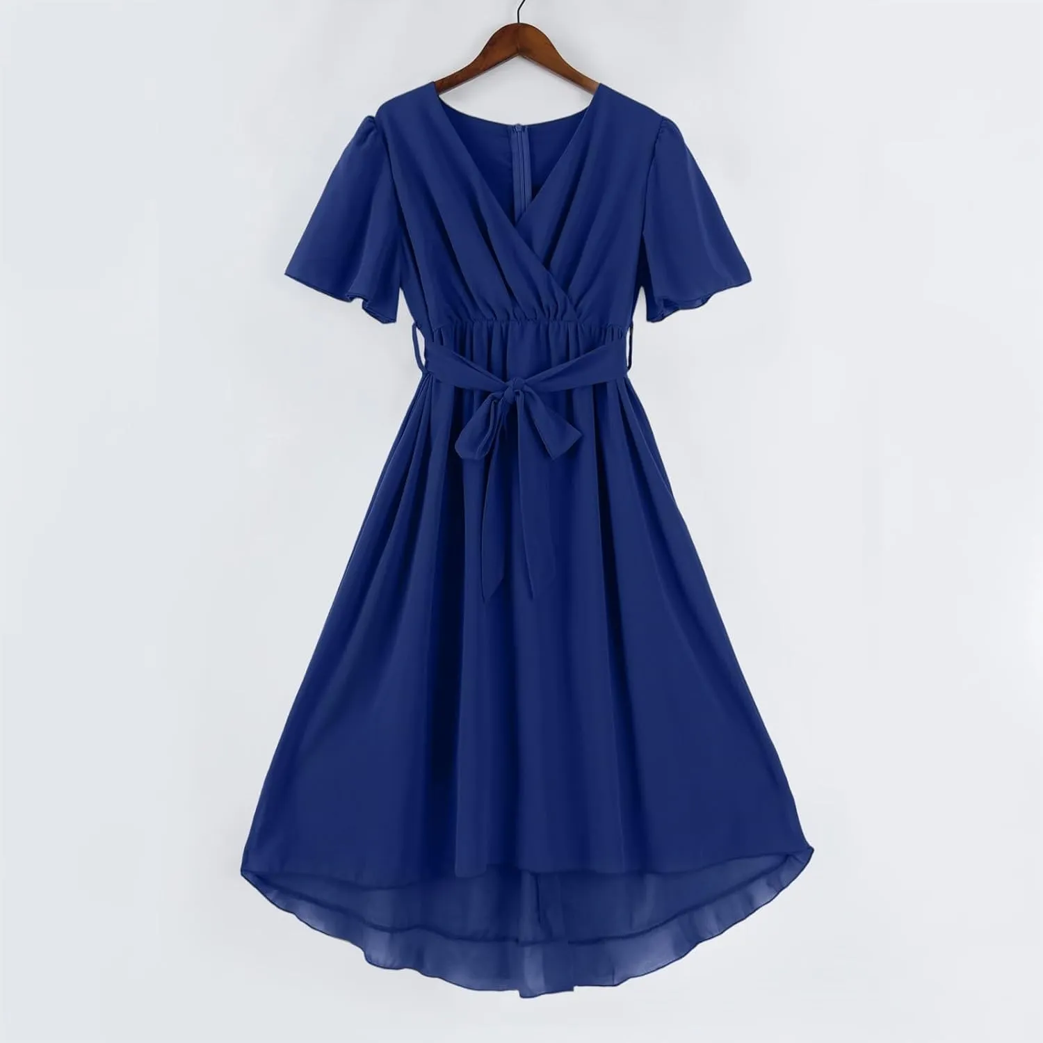 Summer Floral Dresses for Women 2025 Midi Chiffon Dresses Wedding Guest Dress V Neck Short Sleeve Tie Waist Ruffled Hem