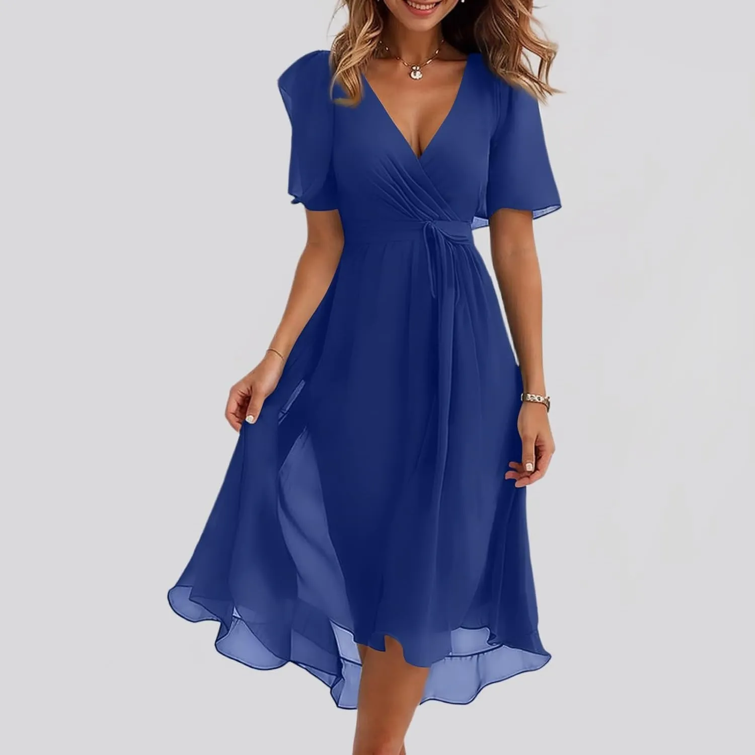 Summer Floral Dresses for Women 2025 Midi Chiffon Dresses Wedding Guest Dress V Neck Short Sleeve Tie Waist Ruffled Hem