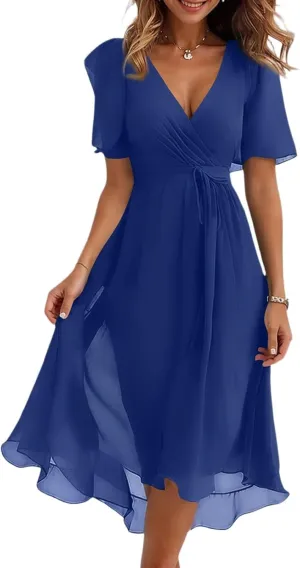 Summer Floral Dresses for Women 2025 Midi Chiffon Dresses Wedding Guest Dress V Neck Short Sleeve Tie Waist Ruffled Hem