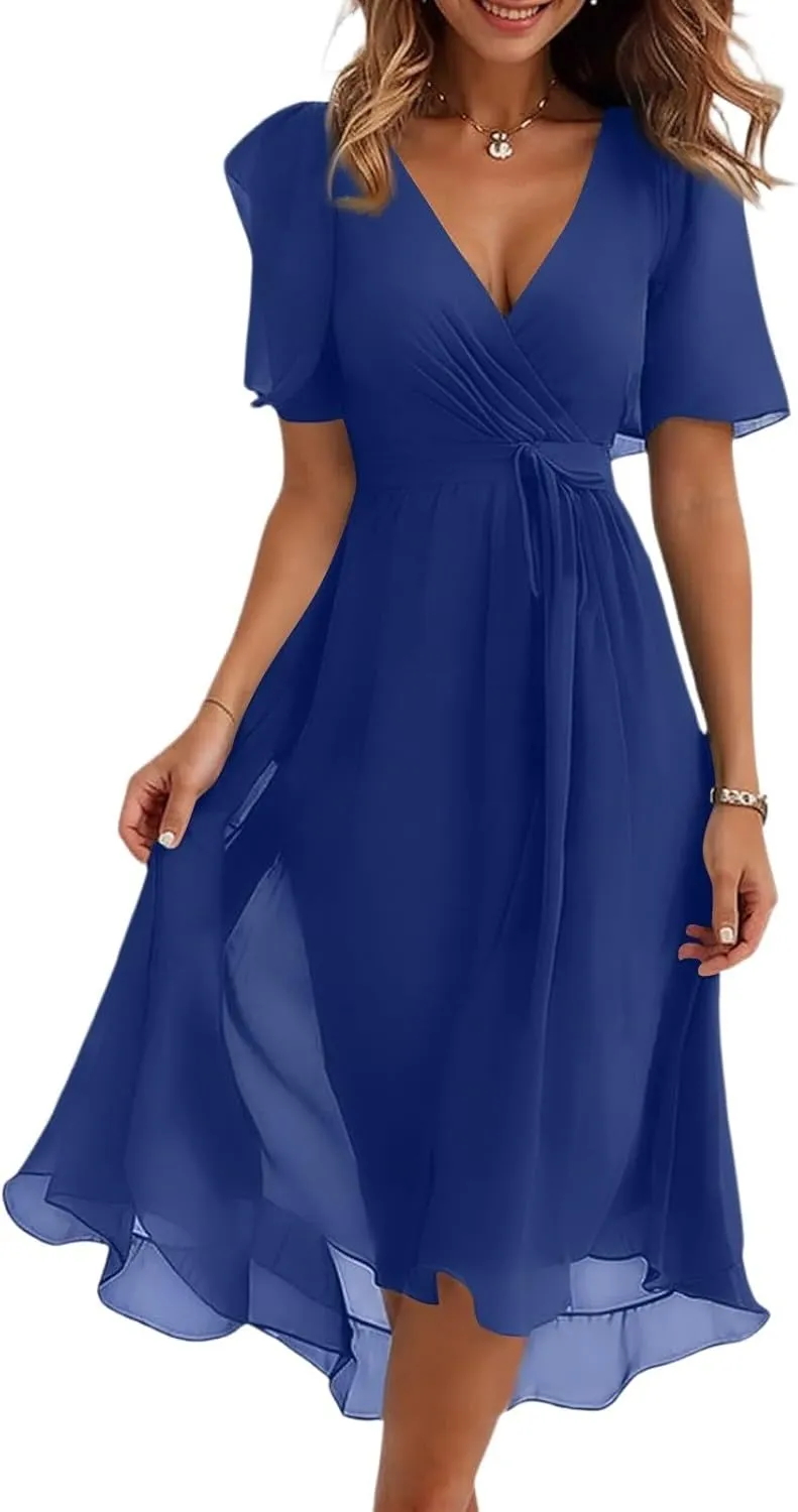 Summer Floral Dresses for Women 2025 Midi Chiffon Dresses Wedding Guest Dress V Neck Short Sleeve Tie Waist Ruffled Hem